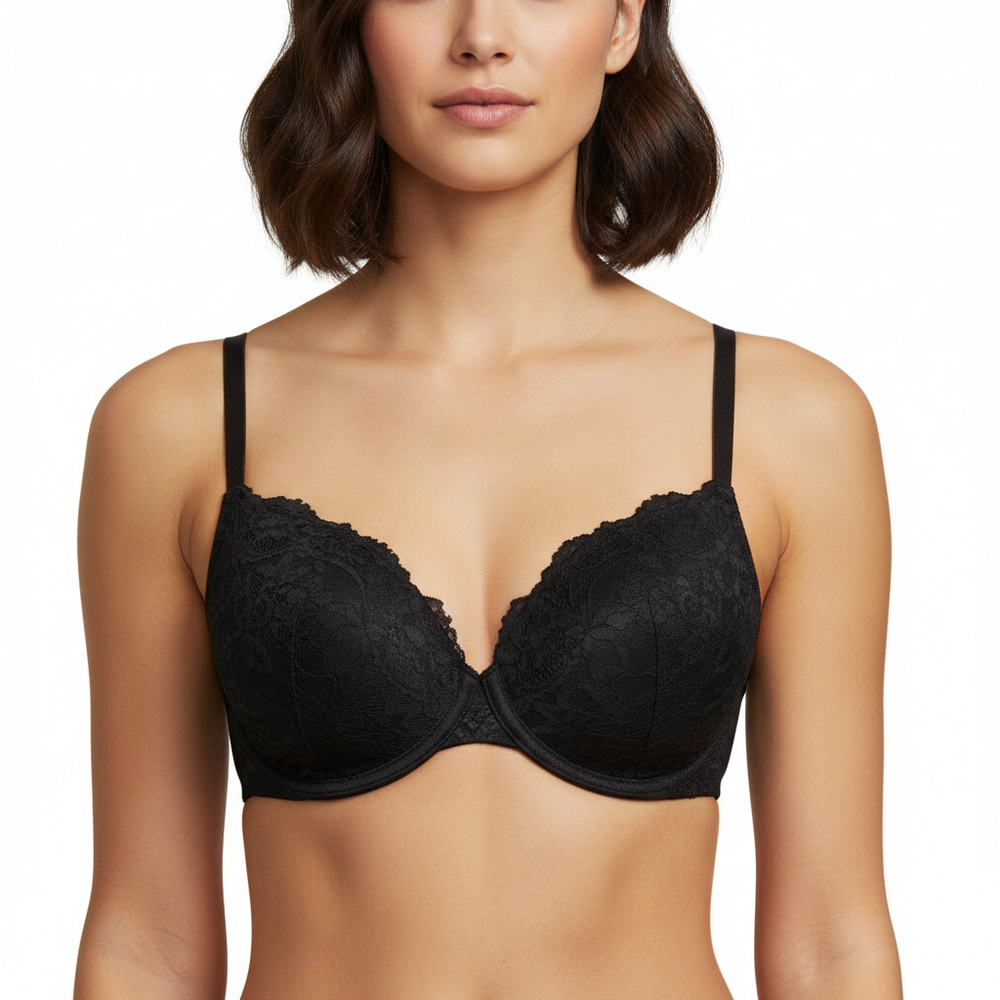 Skims Kim Kardashian Fits Everybody Lace T-Shirt Bra in Onyx Black Size 32D